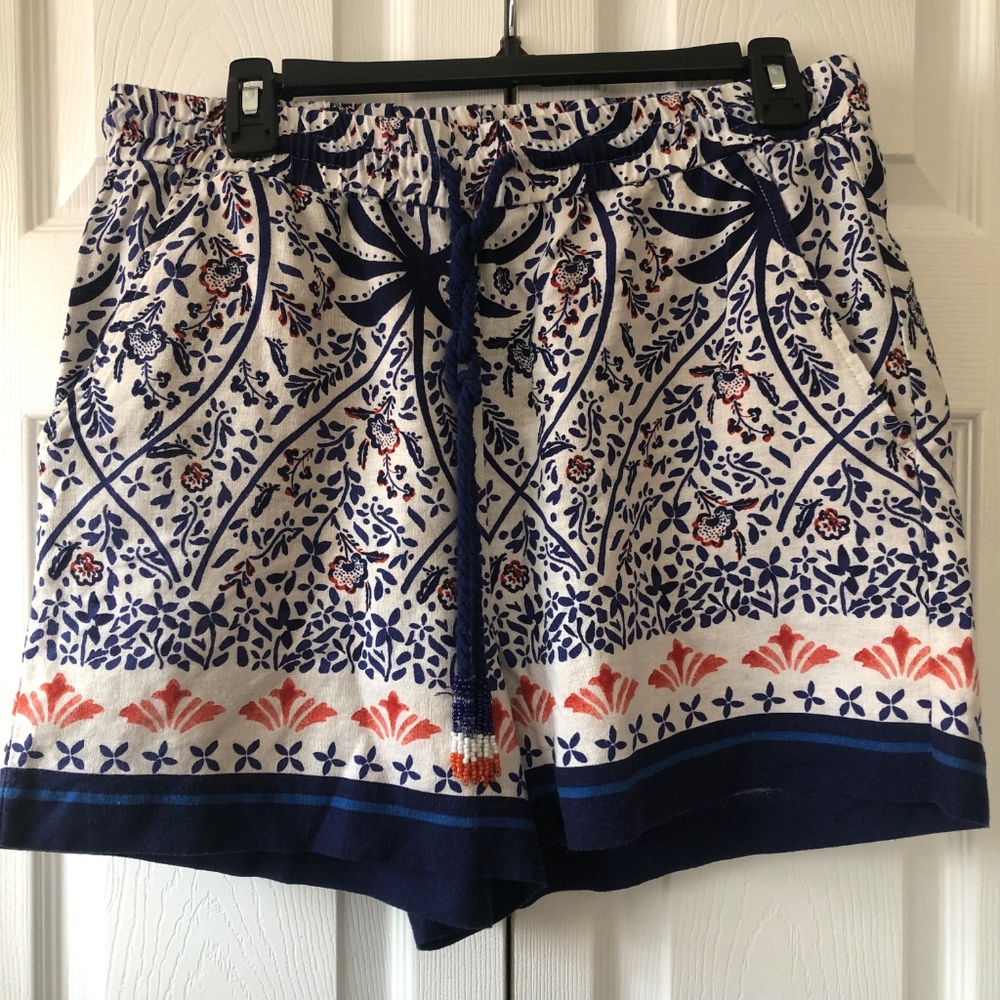 Joie Boho Linen Blend Floral Shorts Blue White Beaded Tassel Women’s SizeL - Picture 2 of 6